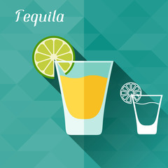 Illustration with glass of tequila in flat design style.