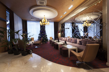 Interior of a hotel lobby with cafe 