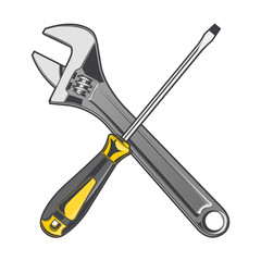 Wrench and yellow screwdriver isolated on a white background