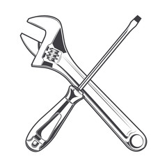 Wrench and screwdriver isolated on a white background. Line art
