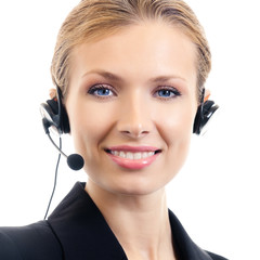 Support phone operator in headset, isolated