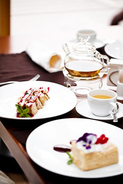 Breakfast with napoleon cake and tea