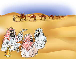 Bedouins and camel caravan in desert