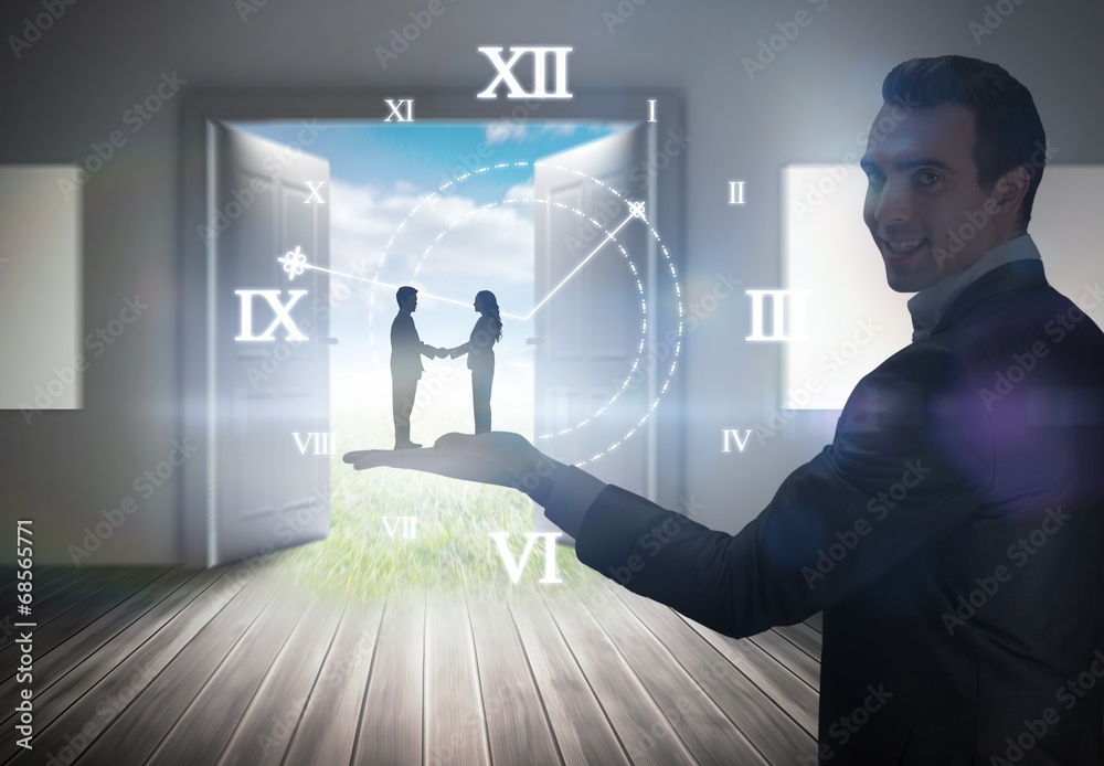 Poster composite image of side view of hand shaking trading partners