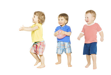 Children group playing toys. Small Kids and Baby isolated white