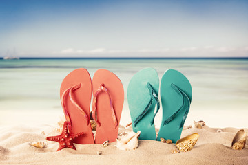 Summer beach with colored sandals and shells
