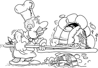 Pizza maker throws pizza in stone oven with fire, vector icon illustration. Black and white pizza maker logo. Pizzeria vector illustration. Young pizzaiolo chef.
