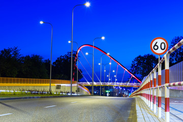 Cable stayed bridge in Bydgoszcz at night, Poland
