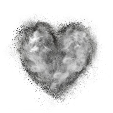 heart made of black powder explosion isolated on white