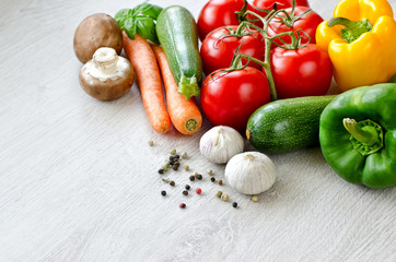 Various fresh vegetables ingridients for cooking copy space