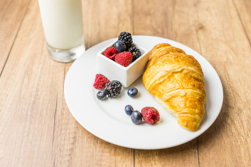 Healthy Breakfast With Croissant, Milk And Fresh Fruits