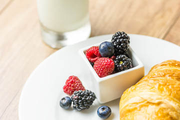 Healthy Breakfast With Croissant, Milk And Fresh Fruits