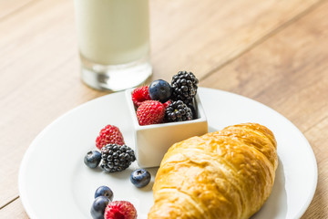 Healthy Breakfast With Croissant, Milk And Fresh Fruits