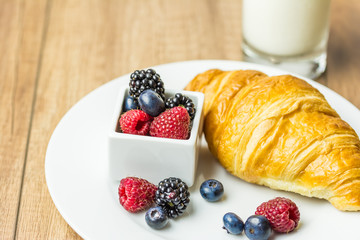 Healthy Breakfast With Croissant, Milk And Fresh Fruits