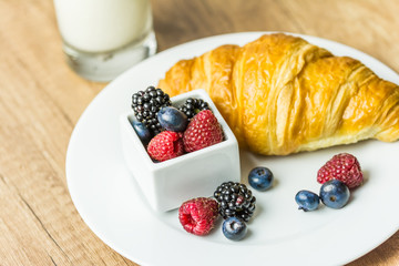 Healthy Breakfast With Croissant, Milk And Fresh Fruits