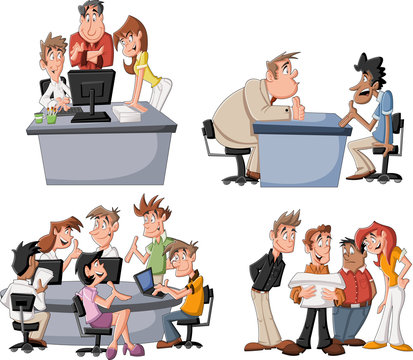 Happy cartoon business people working on office