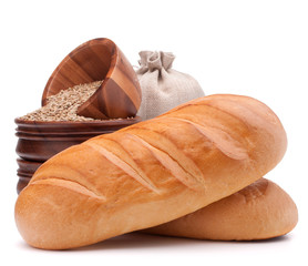 Bread, flour sack and grain isolated on white background cutout
