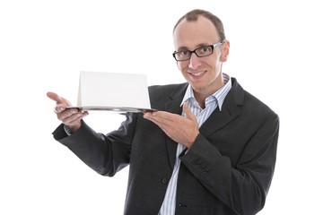 Business Mann isoliert mit Schild auf Tablett: Präsentation