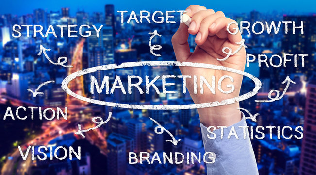 Hand with marketing flow chart over the metropolis