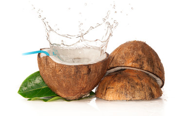 Coconut with water splash over white