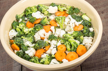 Bowl of cut vegetables prepared to can