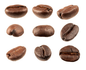 Closeup of coffee beans with focus on one