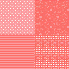 Set of romantic seamless patterns with hearts (tiling). Pink