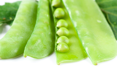 Fresh pea pods with flower isolated on white