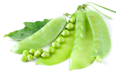 Fresh pea pods with flower isolated on white