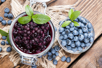 Glass with canned Blueberries