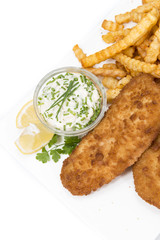 Salmon Fillet with Chips isolated on white