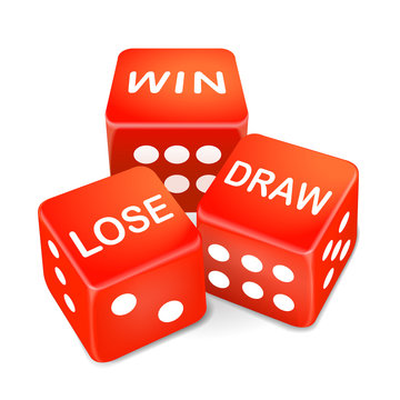 win, lose and draw words on three red dice