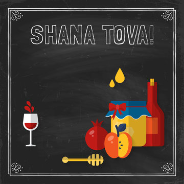 Greeting card design for Jewish New Year Holiday on chalkboard