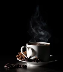 Foto auf Acrylglas Coffee love. Warm cup of coffee on black background © showcake