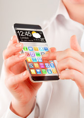 Smartphone with transparent screen in human hands.