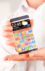 Smartphone with transparent screen in human hands.