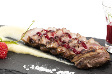 baked goose breast with mashed potatoes and apple sauce