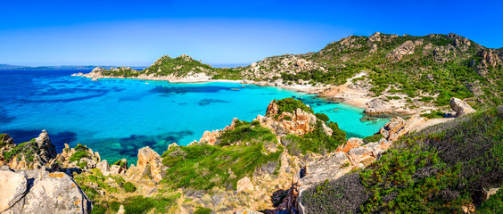 Beautiful coastline beach panorama in Maddalena islands, Italy - obrazy, fototapety, plakaty