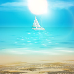 Naklejka premium Vector summer beach background sand, ocean, sun and sailing yach