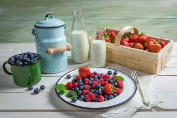 Fresh berry fruits with milk