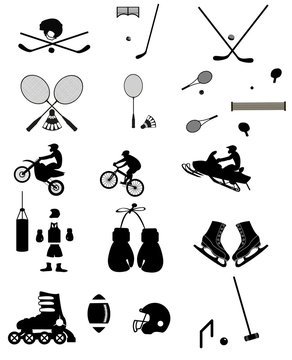 A set of sports icons arranged in a simple silhouette style