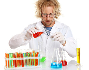 Crazy scientist working with tubes isolated on white