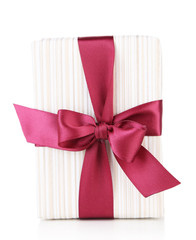 Gift box with colorful ribbon isolated on white