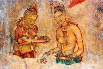 Fototapeta na wymiar frescoes at the ancient rock fortress of Sigiriya in Sri Lanka
