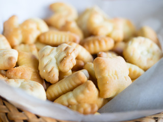 Close up mini biscuits crackers in basket