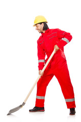 Man in red coveralls with spade