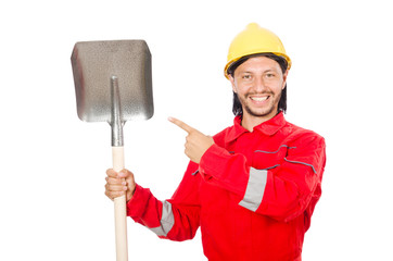 Man in red coveralls with spade