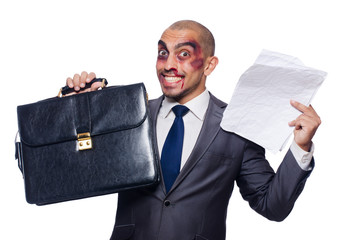 Badly beaten businessman isolated on white