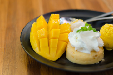 Mango, mango pudding, mango ice cream with sticky rice