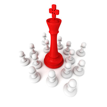 Leadership concept with red chess king and pawns